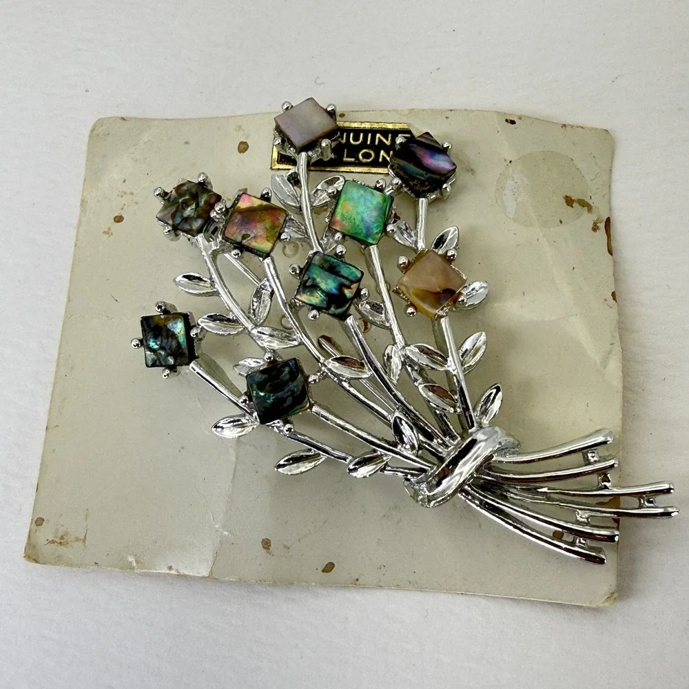 Vintage Genuine Abalone Shell Flower Bouquet Brooch Silver Tone Floral Pin